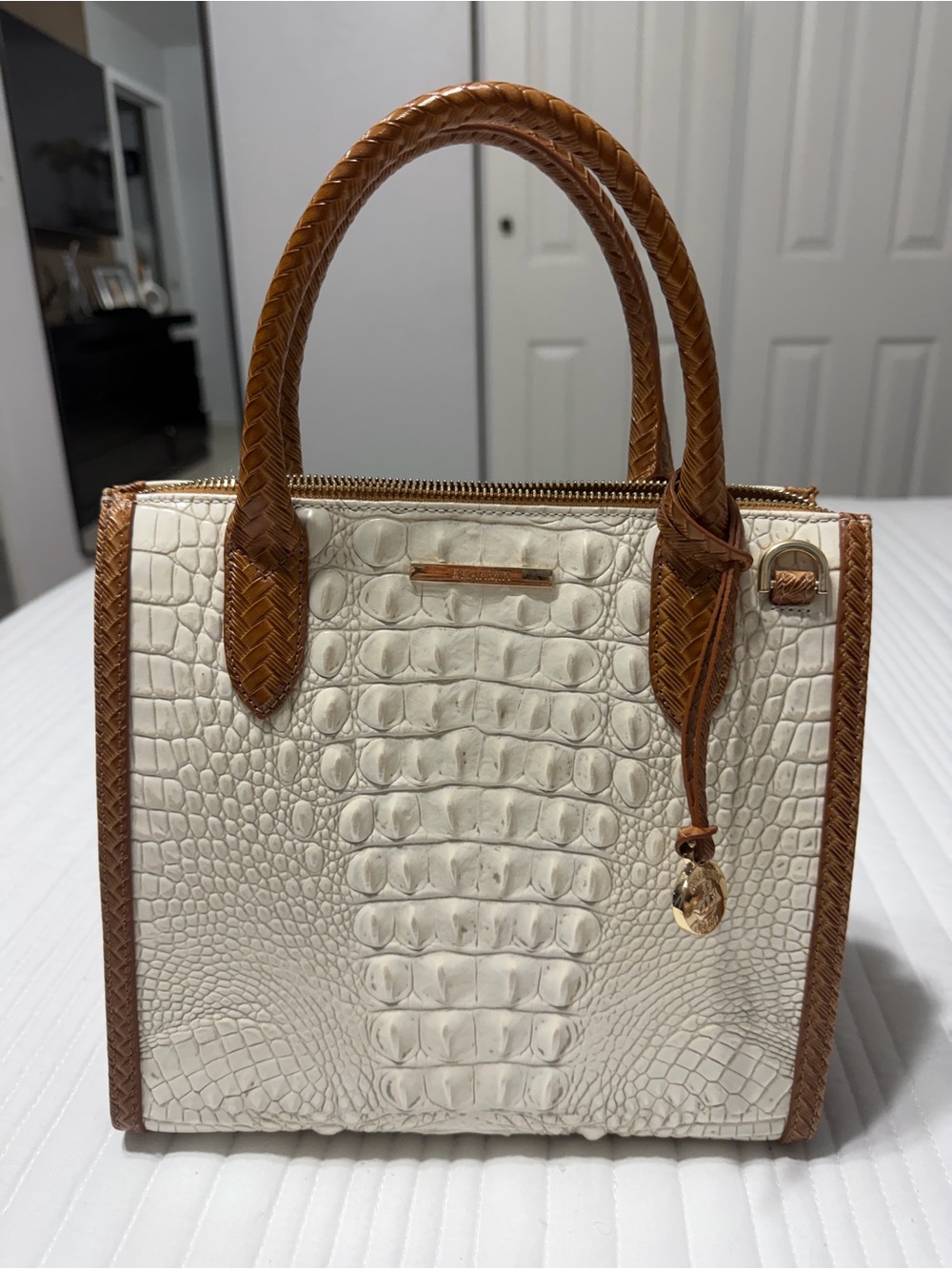 Brahmin White Croc-Embossed Satchel with Brown Trim